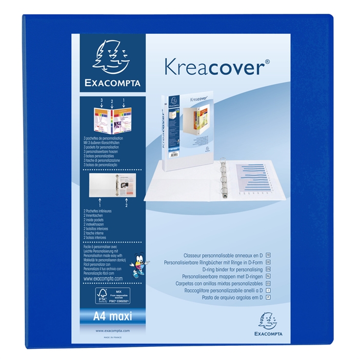 Image de Classeur PP personnalisable Kreacover - 4 anneaux en D 60mm - A4 maxi-Bleu