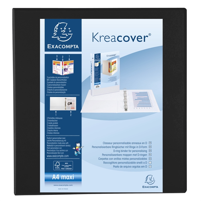 Image de Classeur PP personnalisable Kreacover - 4 anneaux en D 60mm - A4 maxi-Noir