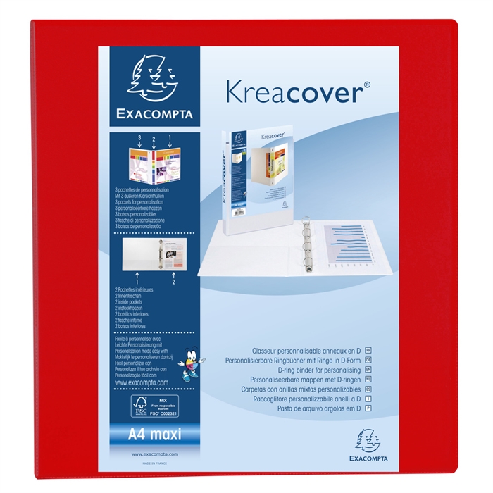 Image de Classeur PP personnalisable Kreacover - 4 anneaux en D 60mm - A4 maxi-Rouge