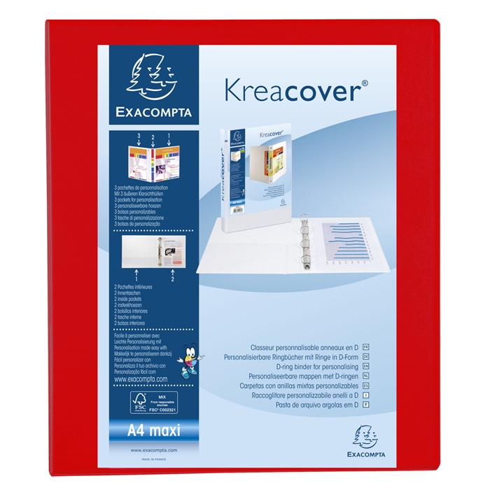 Image de Classeur PP personnalisable Kreacover - 4 anneaux en D 25mm - A4 maxi-Rouge