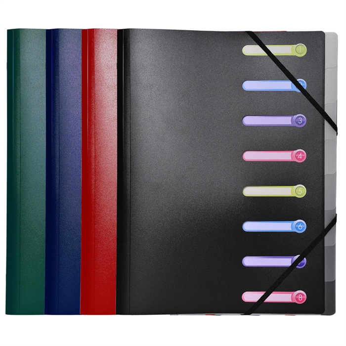 Picture of Multipart file with 3 flaps and elastic straps, Opaque polypropylene 8 compartments - A4 size-Assorted colours