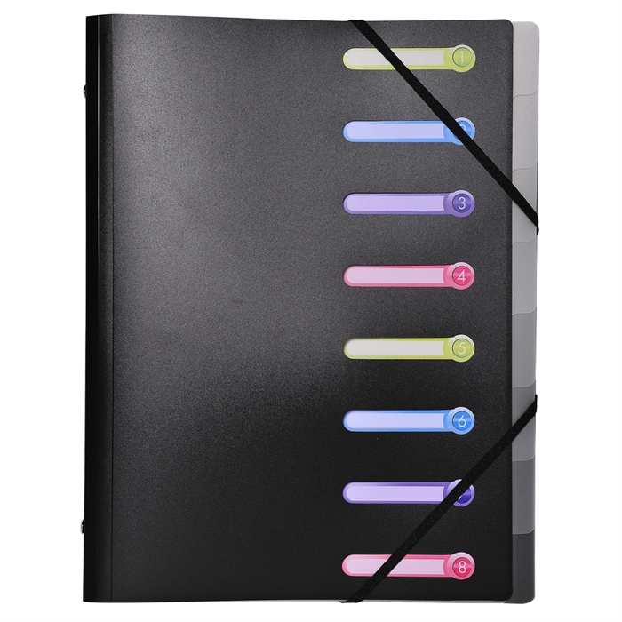 Picture of Multipart file with 3 flaps and elastic straps, Opaque polypropylene 8 compartments - A4 size-Black