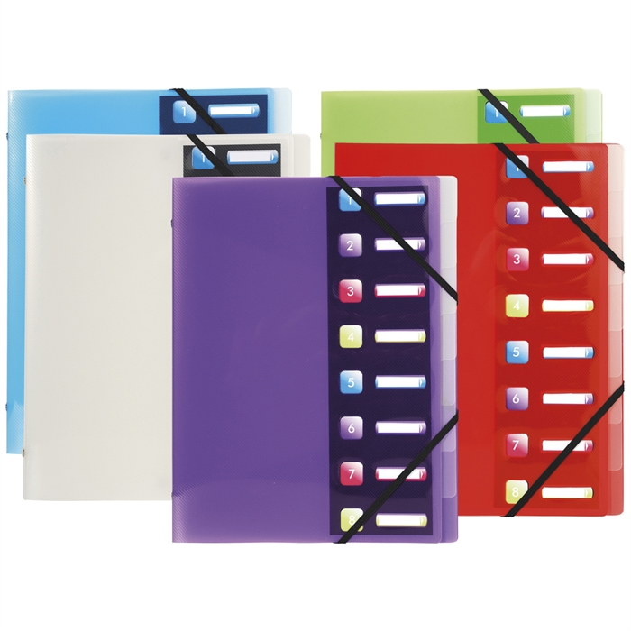 Picture of Multipart file with 3 flaps and elastic straps 8 compartments Crystal Colours - A4-Assorted colours