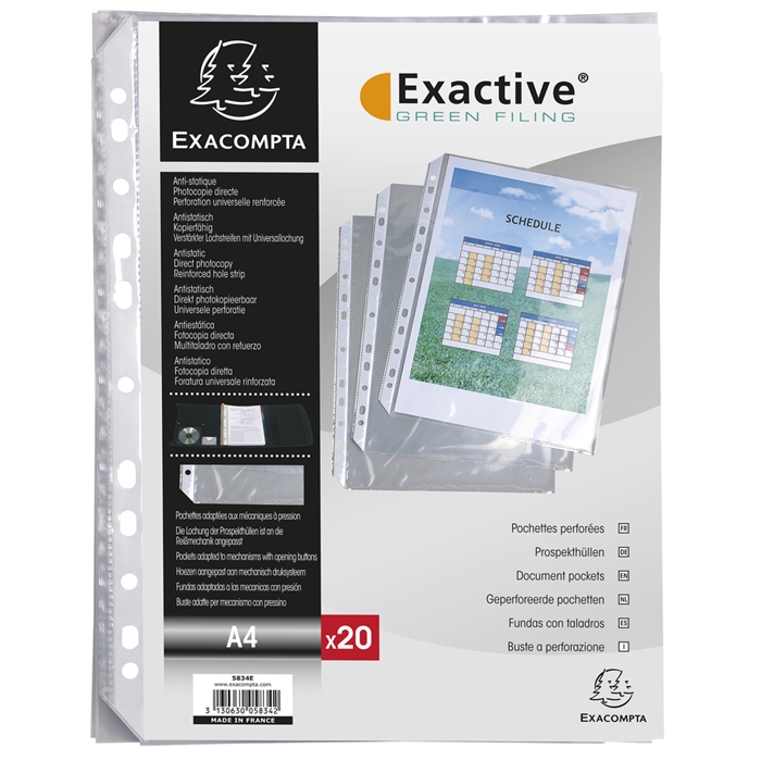 Image de EXACOMPTA 5834E - Sachet de 20 pochettes perforées pour classeur à anneaux ExaShow, polypropylène lisse 55, pour format DIN A4, Exactive®, Cristal