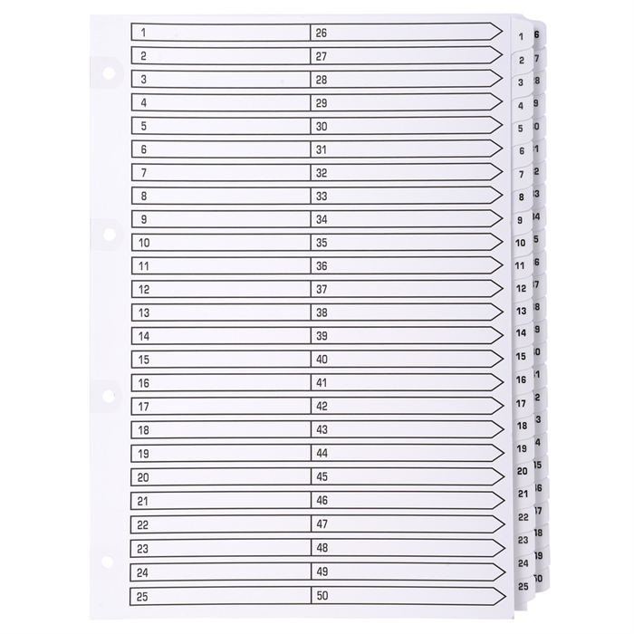 Picture of White mylar dividers printed 1-50-White