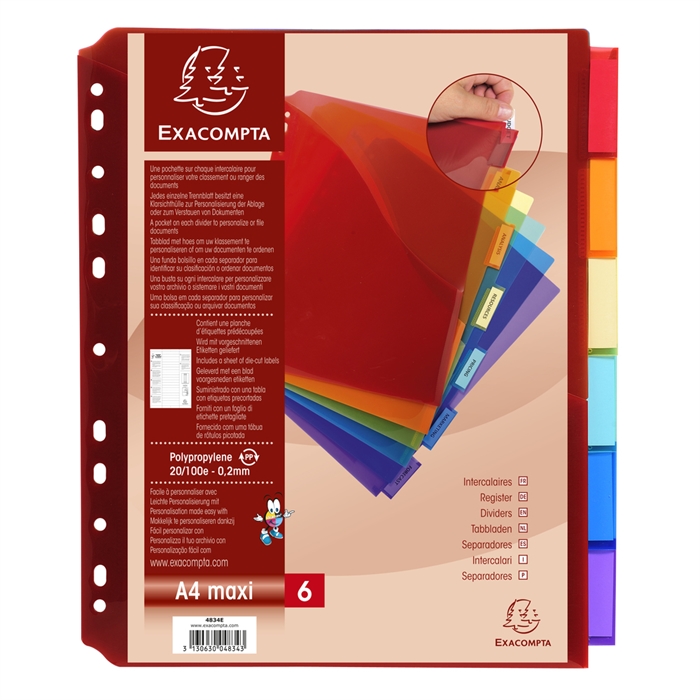 Picture of EXACOMPTA 4834E - Dividers Exactive® of PP 200, with pocket and label holder, 6 part, DIN A4 Maxi