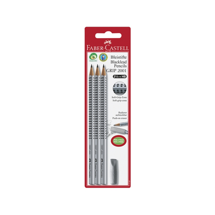 Image de Crayon Faber Castell GRIP 2001 3 x HB + gomme sous blister