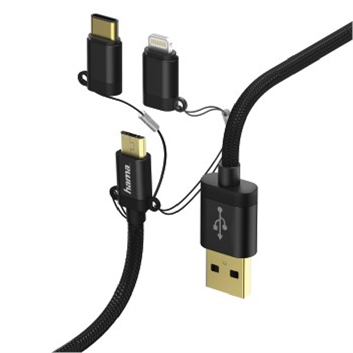 Image de Câble micro-USB 3 en 1 + adaptateur USB Type-C, /Lightning, 1 m, noir / Câbles USB