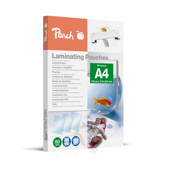 Image de Peach A4 feuilles de plastification  216x303mm 80mic (100) 1 boîte cont. 100 sachets PP580-02