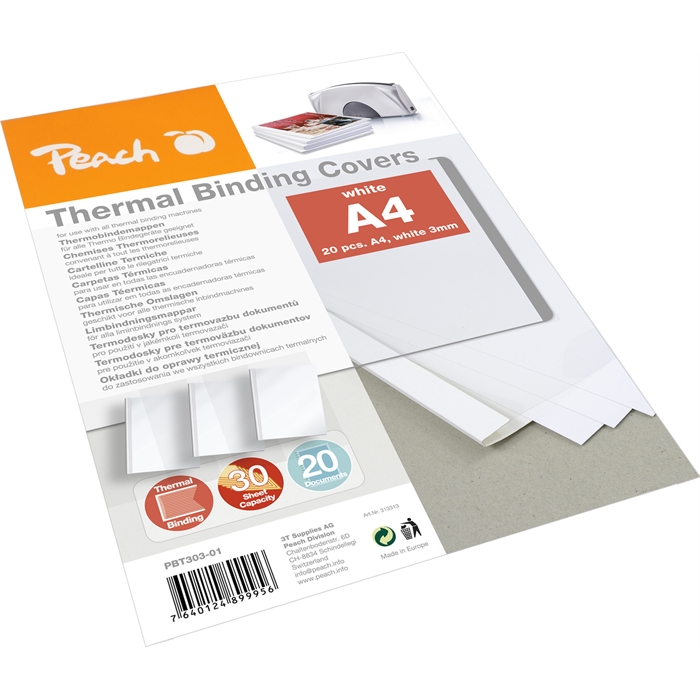 Image de Peach Reliure thermique blanche pour 30 feuilles (A4, 80g/m2), 20 pièces - PBT303-01