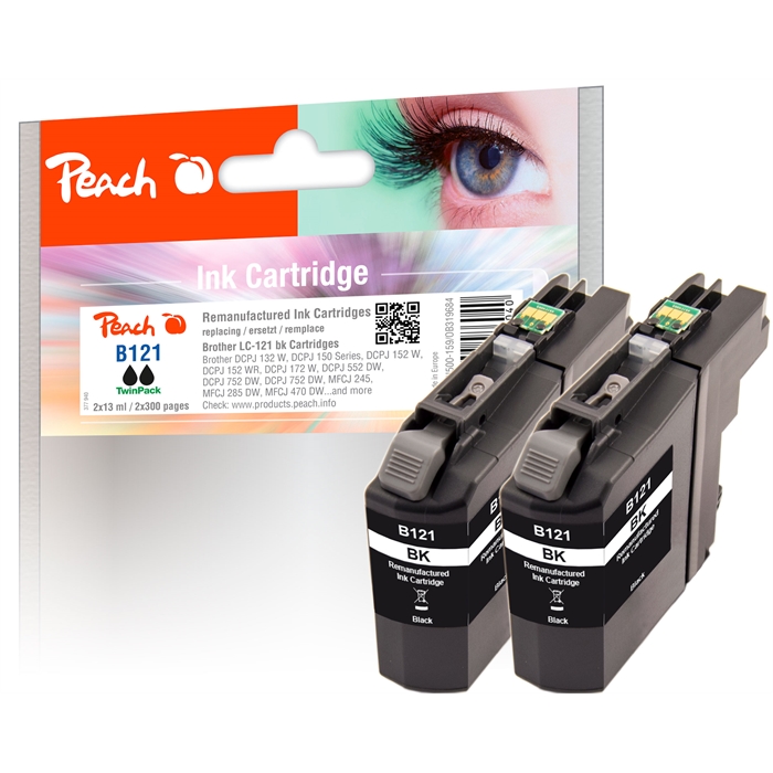 Image de Peach Cartouches d'encre Double Pack noir compatible avec Brother LC-121BK