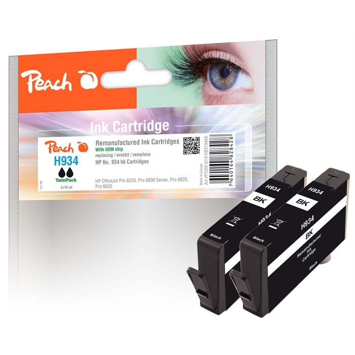 Image de Peach Cartouche d'encre noire Double Pack compatible avec HP No. 934, C2P19AE