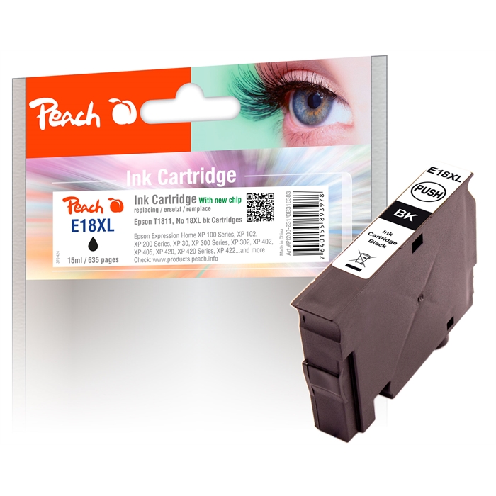 Image de Peach Cartouche d'encre noire compatible avec Epson No. 18XL bk, T1811