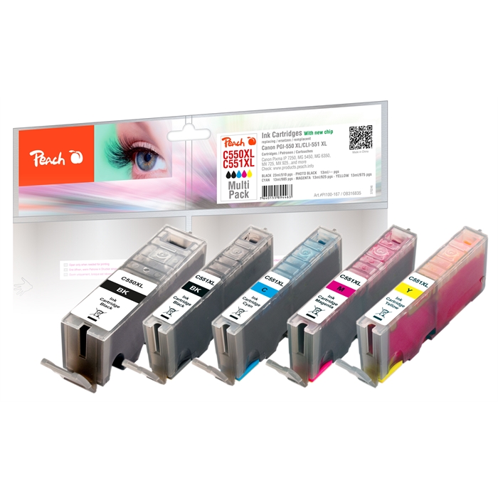 Image de Peach Cartouches d'encre Spar Pack rendement XL, compatible avec Canon PGI-550XL, CLI-551XL