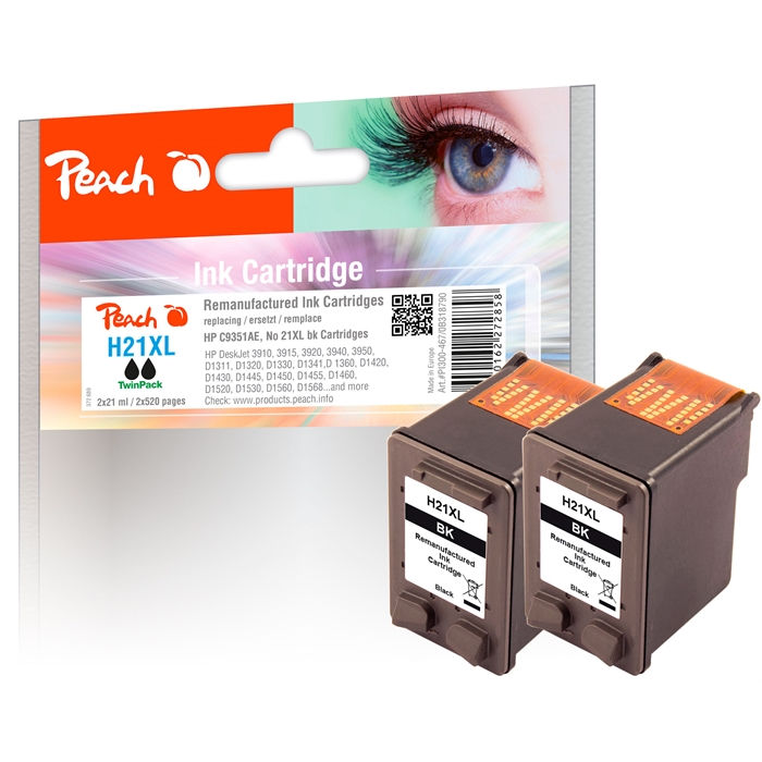 Image de Peach Double Pack Têtes d'impression noires compatibles avec HP No. 21XL, C9351AE