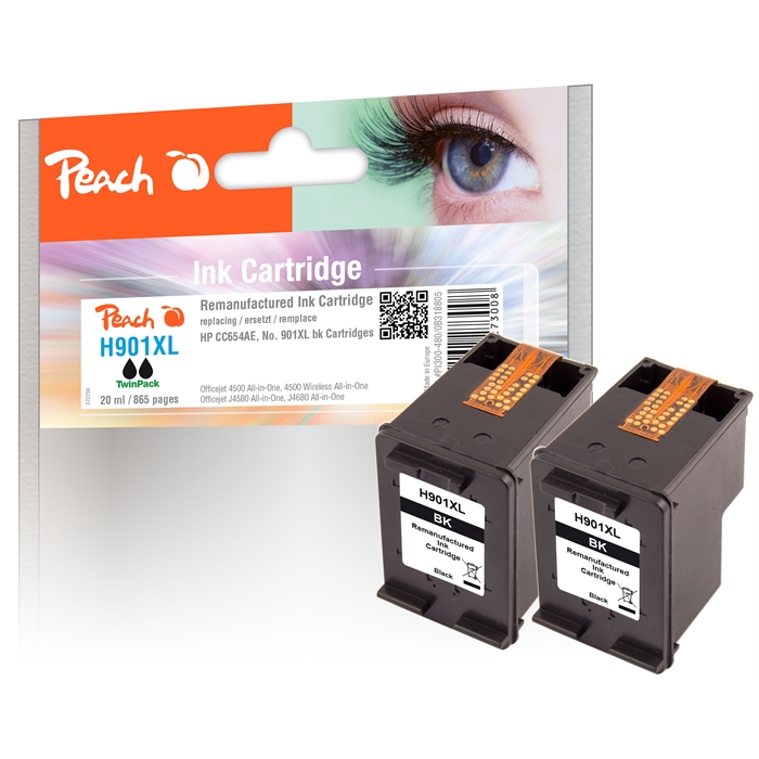 Image de Peach Têtes d'impression Double Pack noires compatibles avec HP No. 901XL, CC654AE