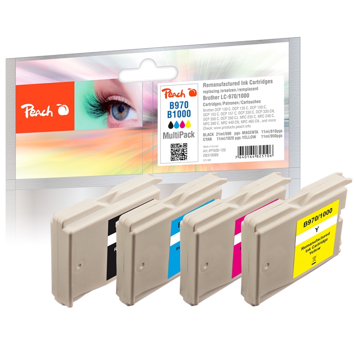 Image de Peach Cartouches d'encre Spar Pack, remplissage XL, compatible avec Brother LC-1000, LC-970