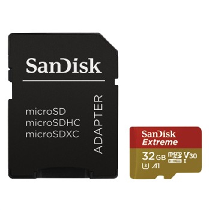 Picture of SANDISK 173417 - MicroSDHC Extreme 32GB (A1/ V30/ U3/ UHS-I/ Cl.10/ R100/ W60)+Ad. Act.Cam