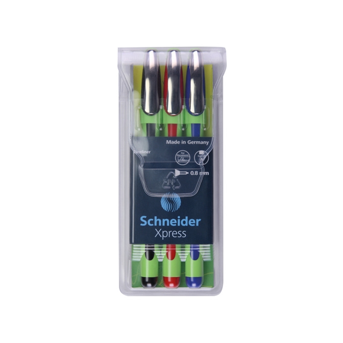 Afbeelding van fineliner Schneider Xpress 0,8mm etui 1x zwart, 1x rood, 1x blauw