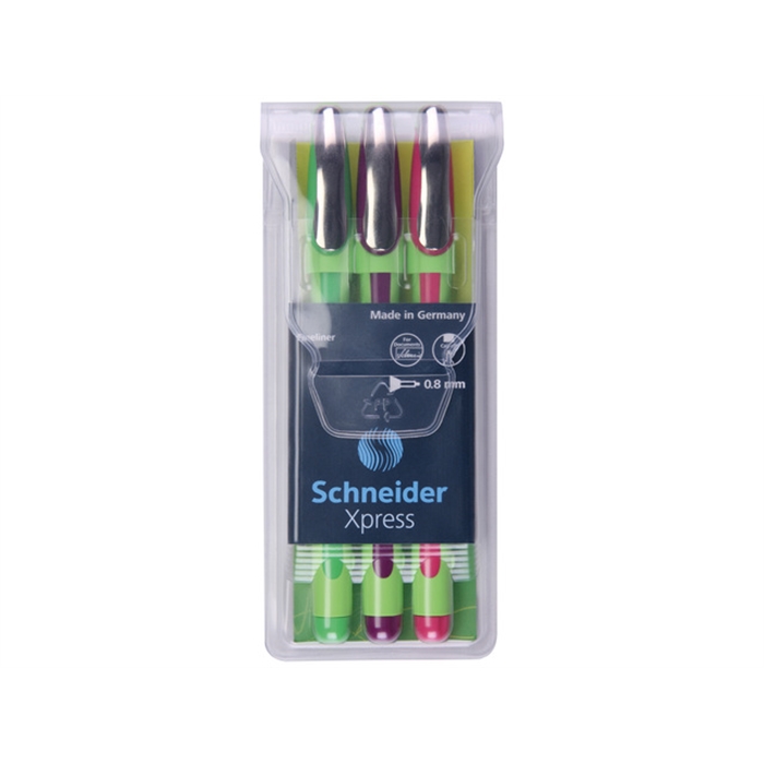 Afbeelding van fineliner Schneider Xpress 0,8mm etui 1x groen, 1a violet,  1x roze