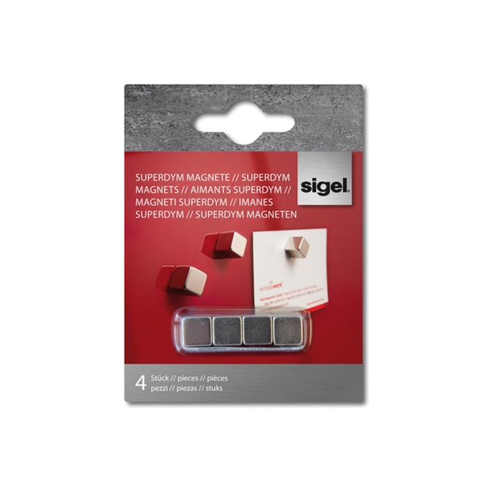 Afbeelding van magneet voor glasbord Sigel 10x10x10mm zilver extra sterk 4 stuks