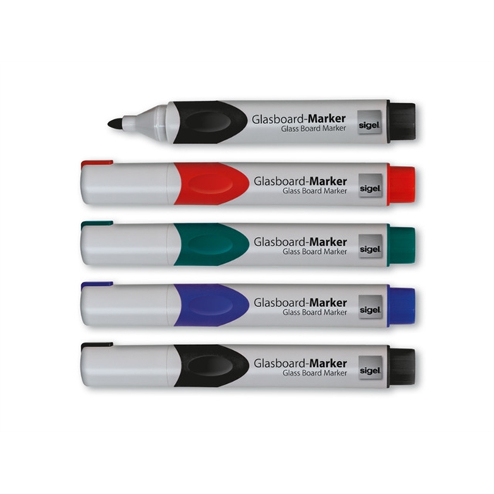 Afbeelding van glasboardmarker Sigel 2-3mm ronde punt 5 stuks in etui      assorti