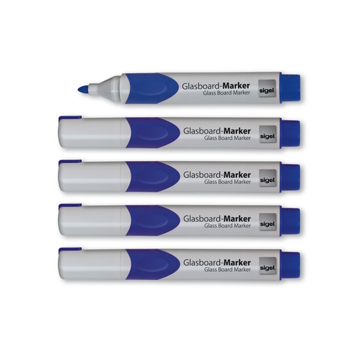 Afbeelding van glasboardmarker Sigel 2-3mm ronde punt 5 stuks in etui blauw