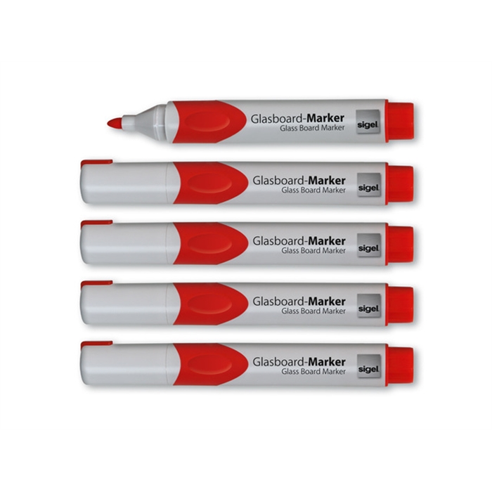 Afbeelding van glasboardmarker Sigel 2-3mm ronde punt 5 stuks in etui rood