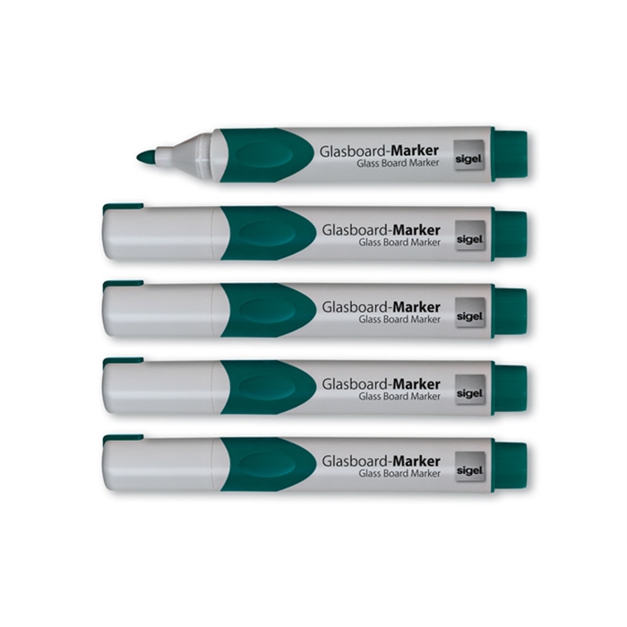 Afbeelding van glasboardmarker Sigel 2-3mm ronde punt 5 stuks in etui groen