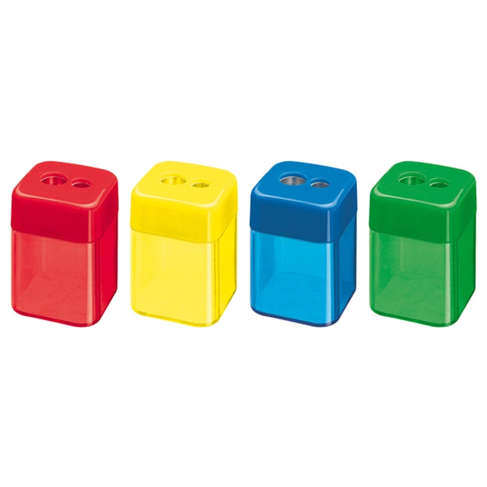 Image de Taille-crayon Westcott en plastique avec lame en métal,     double, forme carrée, couleurs assorties dans une boîte